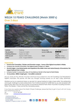 WELSH 15 PEAKS CHALLENGE (Welsh 3000’S) Over 3 Days