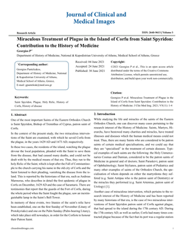 Miraculous Treatment of Plague in the Island of Corfu from Saint Spyridon: Contribution to the History of Medicine