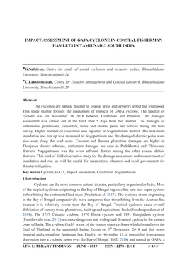 Impact Assessment of Gaja Cyclone in Coastal Fisherman Hamlets in Tamilnadu, South India