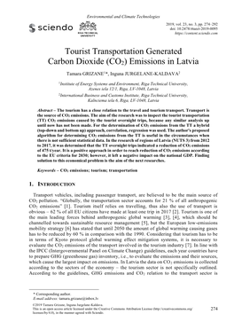 Tourist Transportation Generated Carbon Dioxide (CO2) Emissions in Latvia