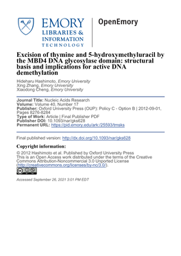Excision of Thymine and 5-Hydroxymethyluracil by the MBD4 DNA