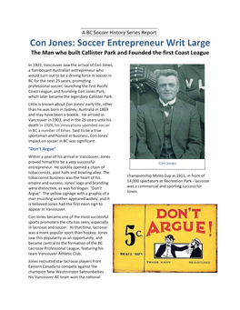 Con Jones: Soccer Entrepreneur Writ Large the Man Who Built Callister Park and Founded the First Coast League