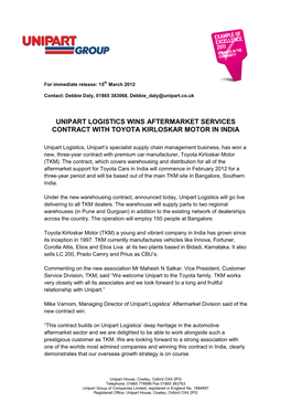 Unipart Logistics Wins Aftermarket Services Contract with Toyota Kirloskar Motor in India