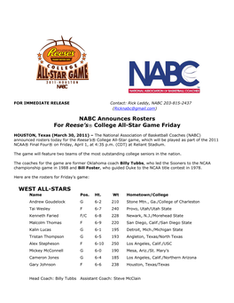 NABC Announces Rosters for Reese's® College All