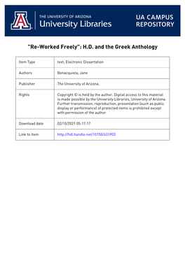 HD and the GREEK ANTHOLOGY by Jane Benacquista