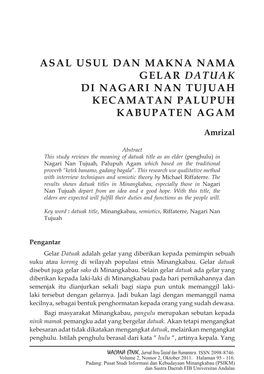 Asal Usul Dan Makna Nama Gelar Datuak Di Nagari Nan Tujuah Kecamatan Palupuh Kabupaten Agam