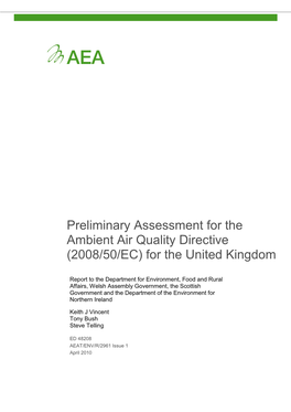 Preliminary Assessment for the Ambient Air Quality Directive (2008/50/EC) for the United Kingdom