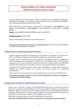 PROCES VERBAL DU CONSEIL MUNICIPAL SEANCE DU 18 Février 2012 À 14H30