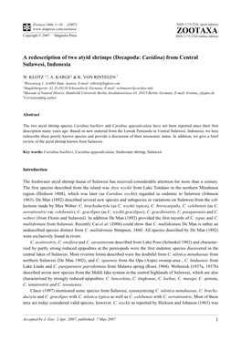 Zootaxa,A Redescription of Two Atyid Shrimps