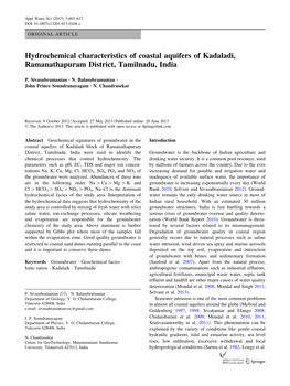 Hydrochemical Characteristics of Coastal Aquifers of Kadaladi, Ramanathapuram District, Tamilnadu, India