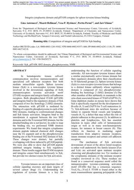 Integrin Cytoplasmic Domain and Pitam Compete for Spleen Tyrosine Kinase Binding