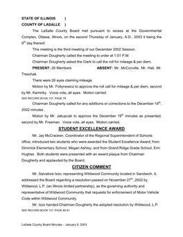 Lasalle County Board Minutes – January 9, 2003 RESOLUTION: #03-01 (#03-01) CO HWY COMMITTEE a Resolution Was Submitted for the 2003 County Highway Improvement Program