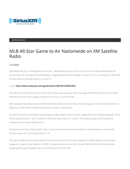 MLB All-Star Game to Air Nationwide on XM Satellite Radio