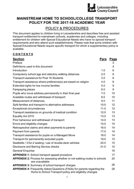 Home to School/College Transport Policy 2017-18