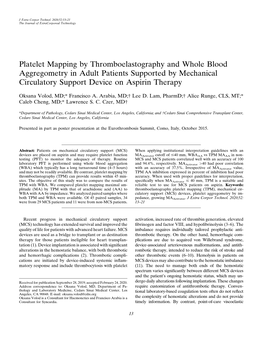 Platelet Mapping by Thromboelastography and Whole Blood Aggregometry in Adult Patients Supported by Mechanical Circulatory Support Device on Aspirin Therapy