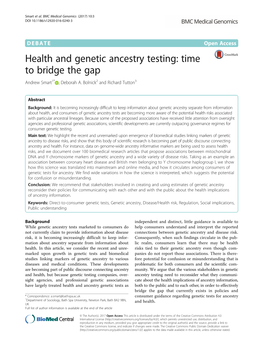Health and Genetic Ancestry Testing: Time to Bridge the Gap Andrew Smart1* , Deborah A