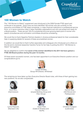 100 Women to Watch the “100 Women to Watch” Supplement Was Introduced in the 2009 Female FTSE Report and Continues to Be Popular