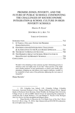 Promise Zones, Poverty, and the Future of Public Schools: Confronting the Challenges of Socioeconomic Integration & School Culture in High- Poverty Schools