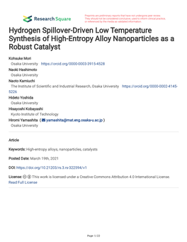 Hydrogen Spillover-Driven Low Temperature Synthesis of High-Entropy Alloy Nanoparticles As a Robust Catalyst