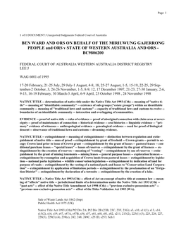 BEN WARD and ORS on BEHALF of the MIRIUWUNG GAJERRONG PEOPLE and ORS V STATE of WESTERN AUSTRALIA and ORS - BC9806200