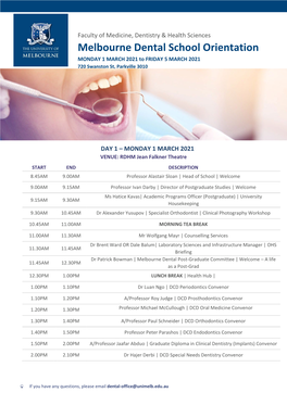 Melbourne Dental School Orientation MONDAY 1 MARCH 2021 to FRIDAY 5 MARCH 2021