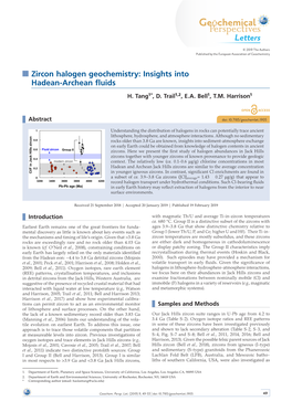 Zircon Halogen Geochemistry: Insights Into Hadean-Archean Fluids