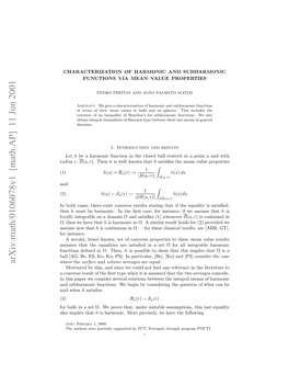 Characterization of Harmonic and Subharmonic Functions Via Mean