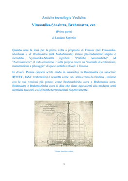 Antiche Tecnologie Vediche: Vimaanika-Shashtra, Brahmastra, Ecc