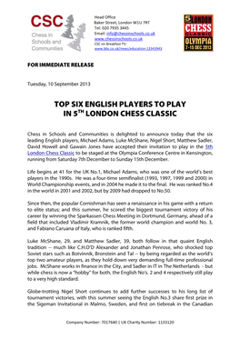 Top Six English Players to Play in 5Th London Chess Classic