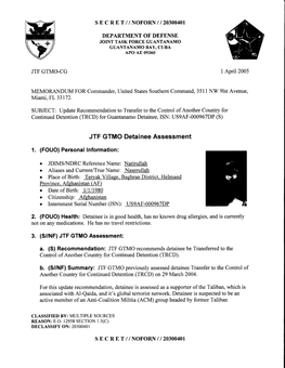 1 April 2005 1. (FOUO) Personal Information : 3. (SI/NF) JTF GTMO Assessment: B . (SINF) Summary : JTF GTMO Previously Assessed