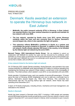 Denmark: Keolis Awarded an Extension to Operate the Hinnerup Bus Network in East Jutland