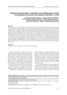 Chemical Characterization, Antioxidant and Antiatherogenic Activity of Anthocyanin-Rich Extract from Euterpe Edulis Mart