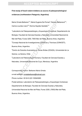 First Study of Fossil Rodent Middens As Source of Paleoparasitological Evidences (Northwestern Patagonia, Argentina)