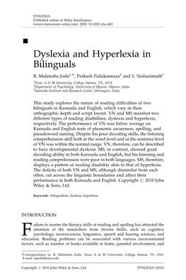 Dyslexia and Hyperlexia in Bilinguals Ã R