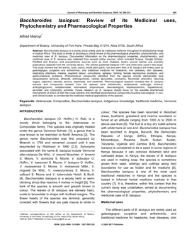 Baccharoides Lasiopus: Review of Its Medicinal Uses, Phytochemistry and Pharmacological Properties