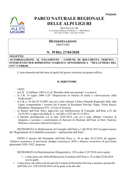 PARCO NATURALE REGIONALE DELLE ALPI LIGURI PROVINCIA DI IM C/O Comune Di Rezzo Via Roma 11 - 18026 Rezzo Tel