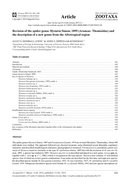 Revision of the Spider Genus Mystaria Simon, 1895 (Araneae: Thomisidae) and the Description of a New Genus from the Afrotropical Region