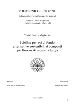 POLITECNICO DI TORINO Scioline Per Sci Di Fondo: Alternative Sostenibili Ai Composti Perfluorurati a Catena Lunga