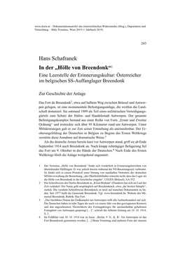 Hans Schafranek in Der „Hölle Von Breendonk“1 Eine Leerstelle Der Erinnerungskultur: Österreicher Im Belgischen SS-Auffanglager Breendonk