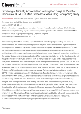 Screening of Clinically Approved and Investigation Drugs As Potential Inhibitors of COVID-19 Main Protease: a Virtual Drug Repurposing Study