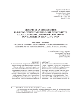 El Partido Comunista De Chile Ante El Movimiento Nacionalista Revolucionario Y La Dictadura De Villarroel En Bolivia (1943-1946)*