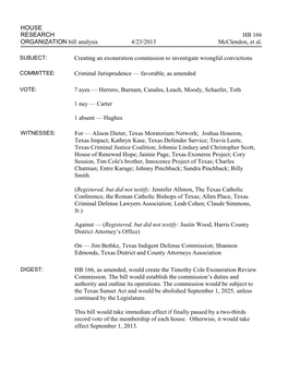 HOUSE RESEARCH HB 166 ORGANIZATION Bill Analysis 4/23/2013 Mcclendon, Et Al