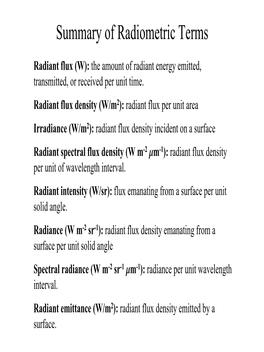 Summary of Radiometric Terms