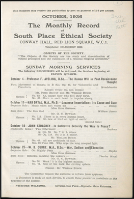 The Monthly Record South Place Ethical Society