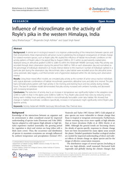 Influence of Microclimate on the Activity of Royle's Pika in the Western Himalaya, India Sabuj Bhattacharyya1,2*, Bhupendra Singh Adhikari1 and Gopal Singh Rawat1