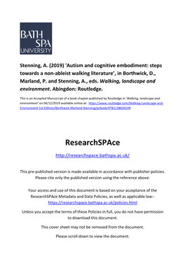 Stenning, A. (2019) 'Autism and Cognitive Embodiment: Steps Towards a Non-Ableist Walking Literature’, in Borthwick, D., Marland, P