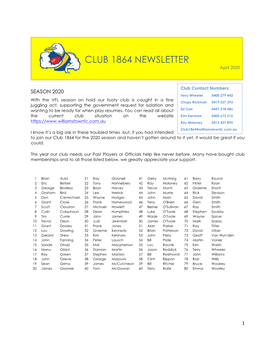 CLUB 1864 NEWSLETTER April 2020