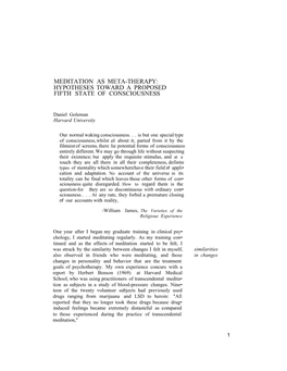 Meditation As Meta-Therapy: Hypotheses Toward a Proposed Fifth State of Consciousness