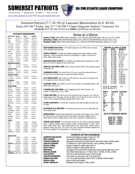 SOMERSET PATRIOTS SIX-TIME ATLANTIC LEAGUE CHAMPIONS 1 Patriots Park * Bridgewater, NJ 08807 * 908.252.0700 And