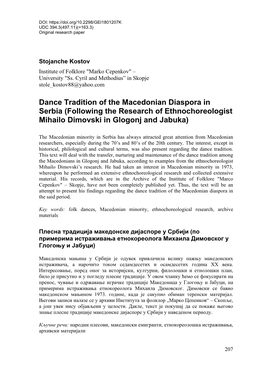 Dance Tradition of the Macedonian Diaspora in Serbia (Following the Research of Ethnochoreologist Mihailo Dimovski in Glogonj and Jabuka)